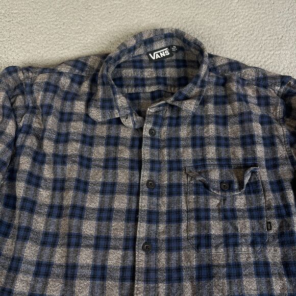 Vans Flannel Shirt Men XL Blue Gray Plaid Button Long Sleeve Pocket Surf Skate - Picture 4 of 12
